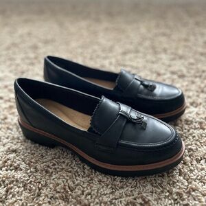 Clarks Black Leather Loafers with Brown Trim